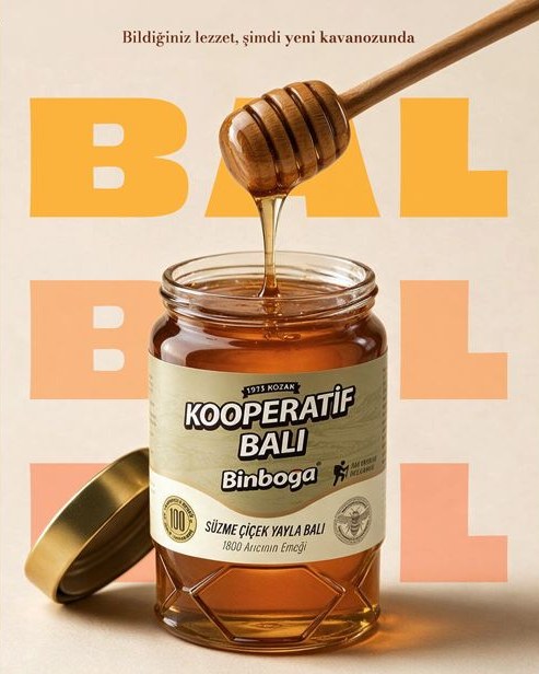 Binboğa Kooperatif Balı jar with honey dripping from a dipper, the word BAL repeated in warm yellow behind it