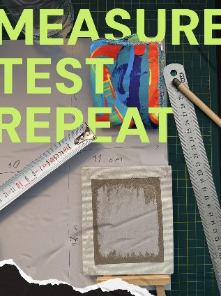 Fabric samples, a ruler and a tape measure on a green cutting mat